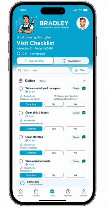 Cleaner visit checklist with complete and ask actions