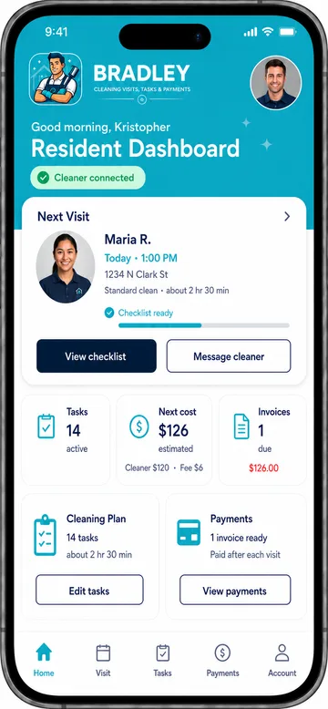 Homeowner home dashboard with next visit and tasks