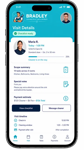 Upcoming visit details with scope and payment estimate